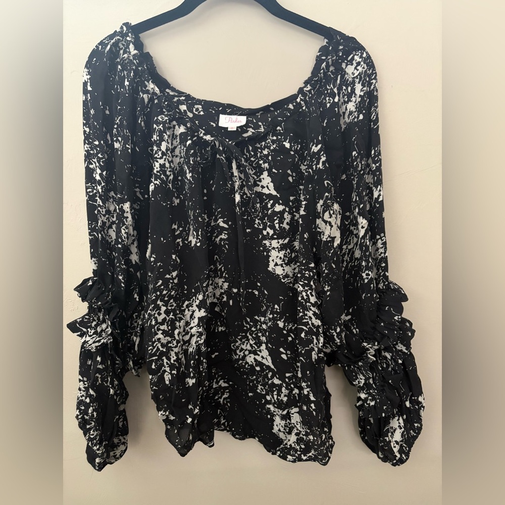 Parker Black and White Women's Blouse with Ruffle Sleeves